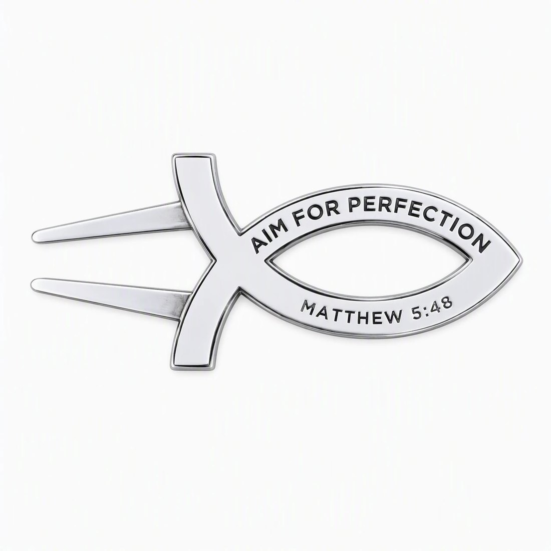 Signature Ichthys Divot Tool in polished silver with white enamel, lettered Aim for Perfection and Matthew 5:48
