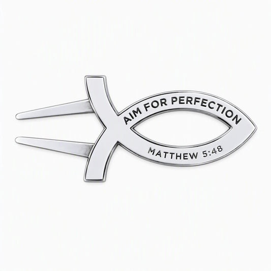 Signature Ichthys Divot Tool in polished silver with white enamel, lettered Aim for Perfection and Matthew 5:48